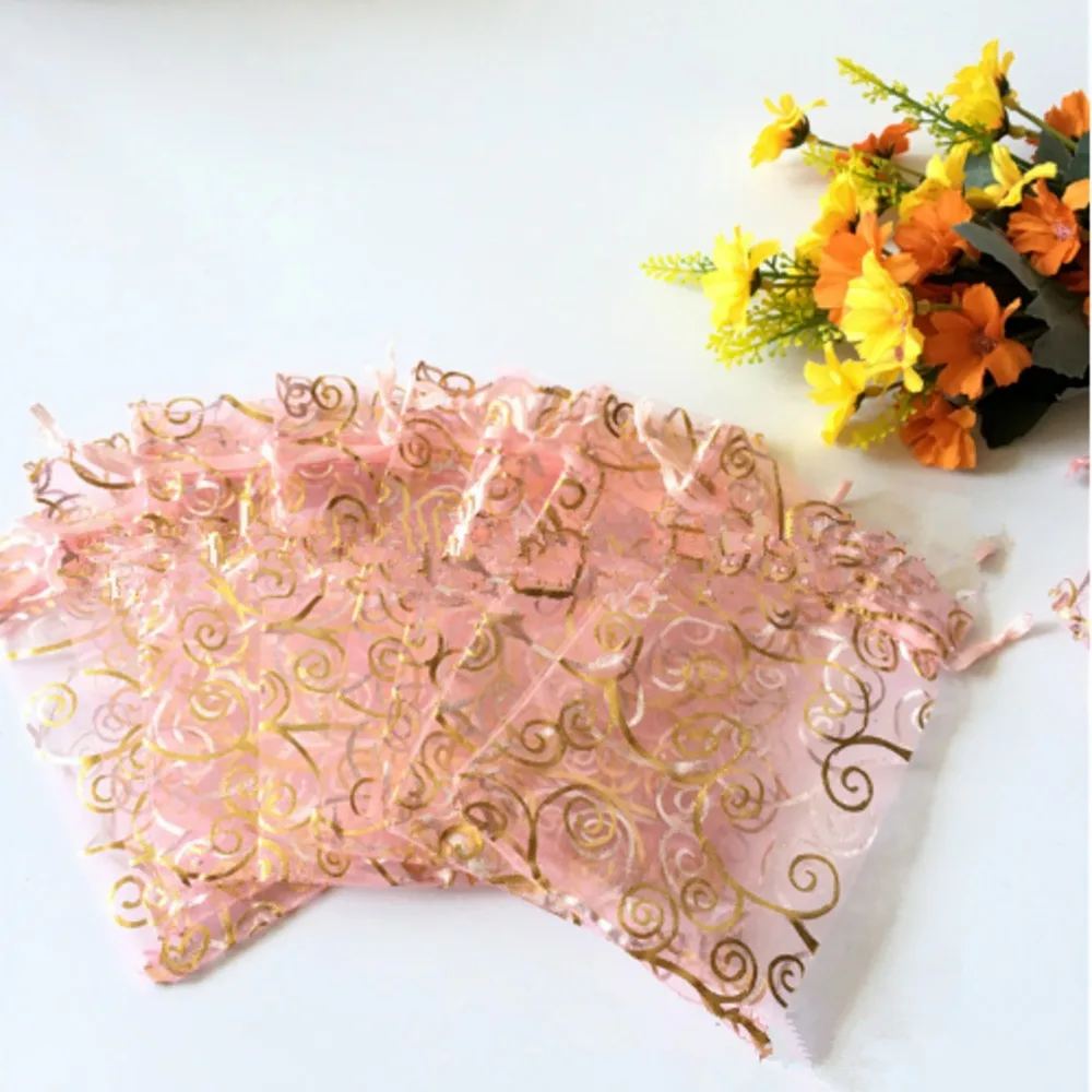 100pcs 9 12 cm Color Bronzing Rose Heart Love Jewelry Packing Pearl Yarn Bags Wedding Gift 2