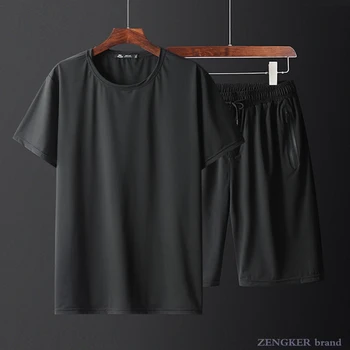 

Tide fat men's ice silk suit summer plus fertilizer plus size short-sleeved T-shirt five-point shorts solid color casual 130 kg