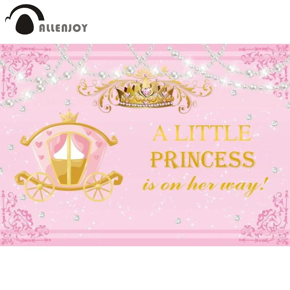 

Allenjoy a Little Princess Carriage is on Her Way Birthday Party Pink Backdrop Girl Baby Shower Gold Crown Photocall Background