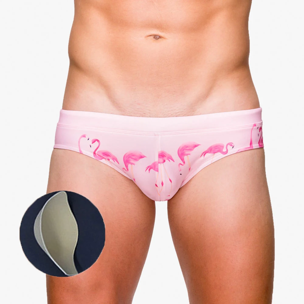 Pink Flamingo Printed Men Swimming Briefs Sexy Pouch Bulge Enhancing Push Up Padded Swimming Trunks Surfing Swimwear Swimsuits