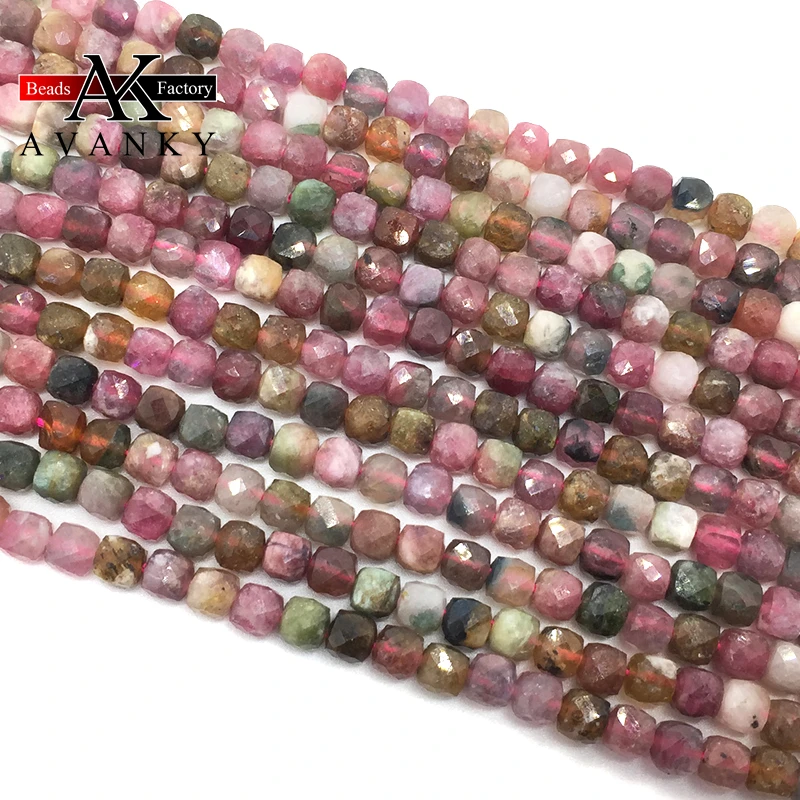 Natural Stone 4mm Colorful Tourmaline Handmade Faceted Cube Loose Beads For DIY Jewelry Making Bracelet Necklace