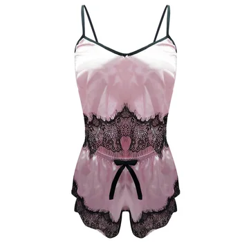 

Women Sleepwear Spaghetti Strap Short Satin Silk Babydoll Eyelash Lace Pajama Set Lingerie Bowknot Home Sling V Neck Ladies