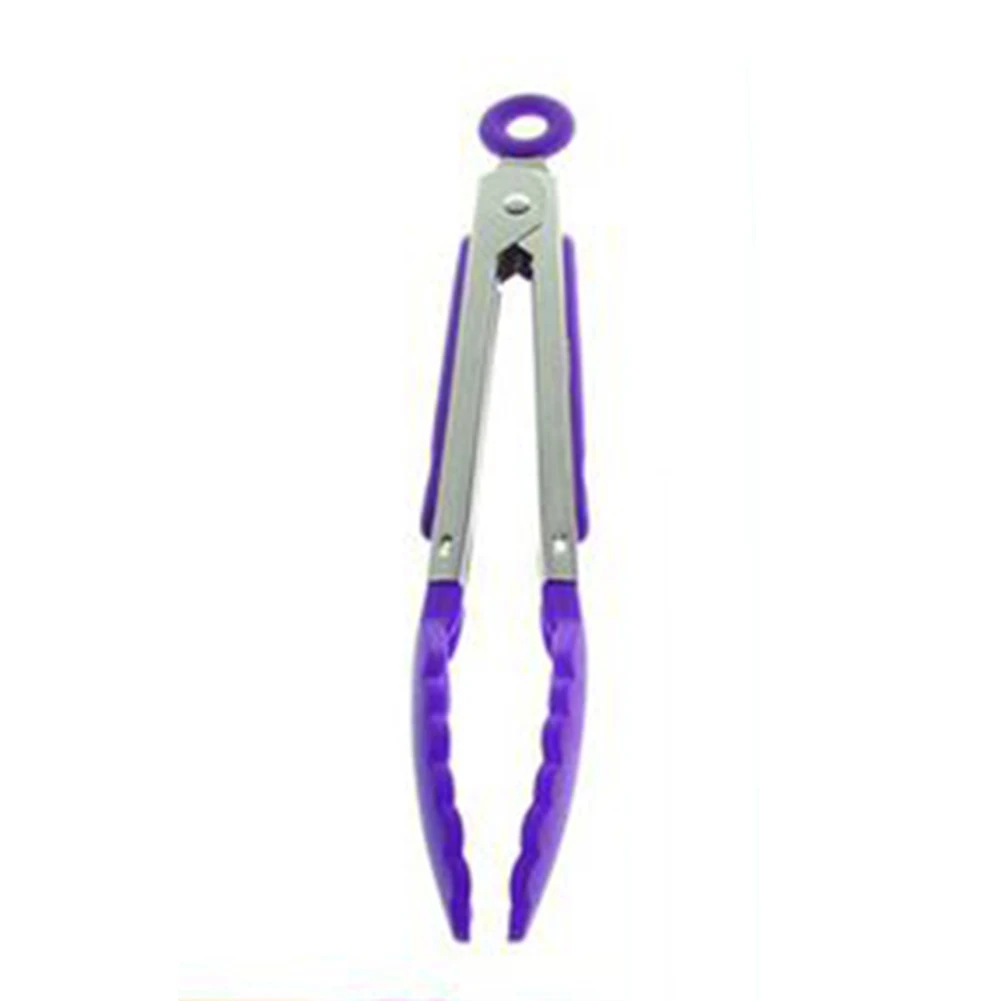 New Stainless Steel Silicone Food Tong BBQ Salad Bread Kitchen Cooking Food Clip - Цвет: Фиолетовый