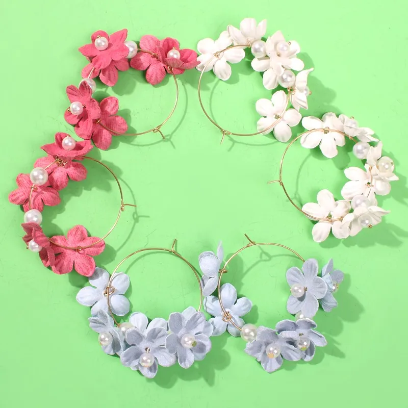 

Elegant Fabric Flower Hoop Earrings Women Trendy Gold Circle Imitation Pearls Hoops Earrings Female Jewelry Accessories E6699