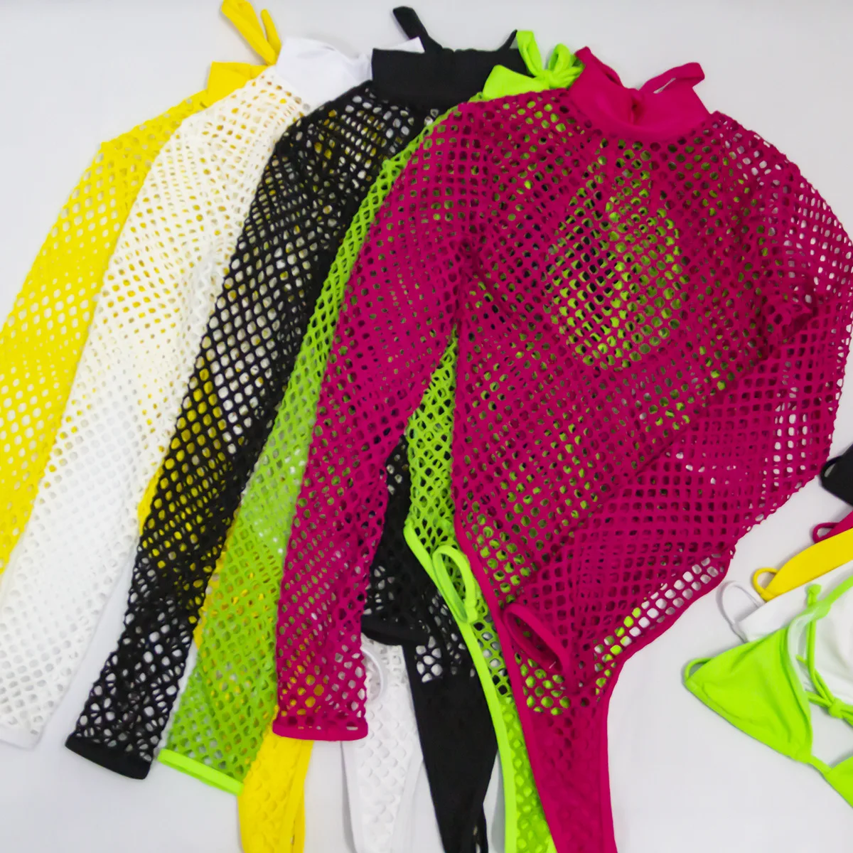 Neon Mesh One Piece Swimsuit Thong One Piece Swimwear Women Fishnet Tanga Swimsuit Sexy Bathing Suit High Neck Monokini