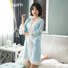 Женский халат и платье наборы Сексуальная кружевная Пижама для сна с длинным рукавом женская ночная рубашка халат Ночное Платье ночная женская пижама