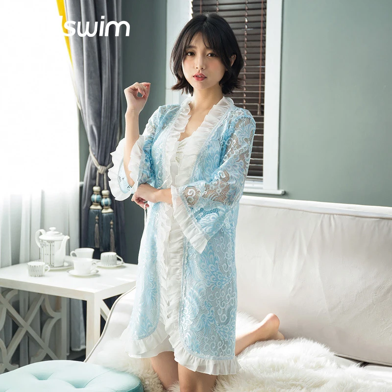 Женский халат и платье наборы Сексуальная кружевная Пижама для сна с длинным