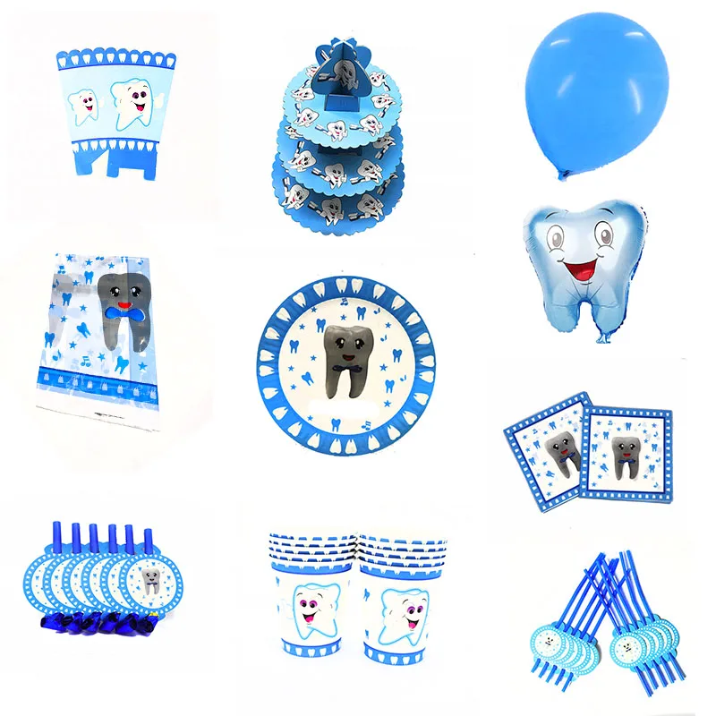 Vajilla desechable con dientes azules para niño, decoraciones para fiesta de cumpleaños, dientes, tazas, platos, cubierta de mesa, pajitas, globos