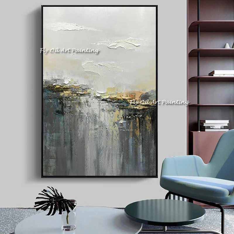 

Large High Quality Handpainted Abstract Canvas Oil Painting Thick Textured Grey Modern Wall Art Living Room Porch Decoration