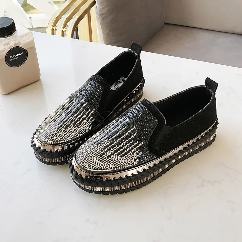 

Ladies Platform Slip On Shoes Women Nice Rhinestone Flats Leather Casual Flat Shoes Woman Loafers Summer Sandals