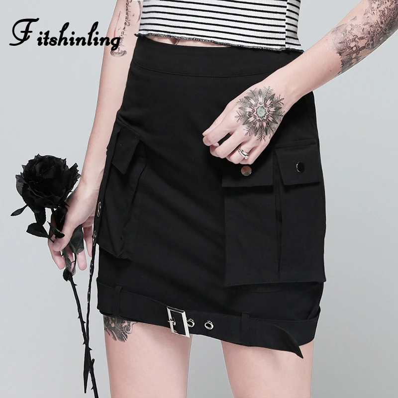 Fitshinling Grunge Pockets Slim Pencil Skirt Female 2019 Autumn Slim High Waist Skirts Women Black Gothic Punk Jupe Femme Sale