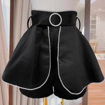 

2020 Spring New Diamond Culottes Fashion Wide Leg Shorts Women's High Waist Lace-up Black Skirt Shorts Girls