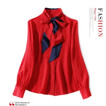 

New OL favors bump color with a single breasted long sleeved top female joker silk shirt