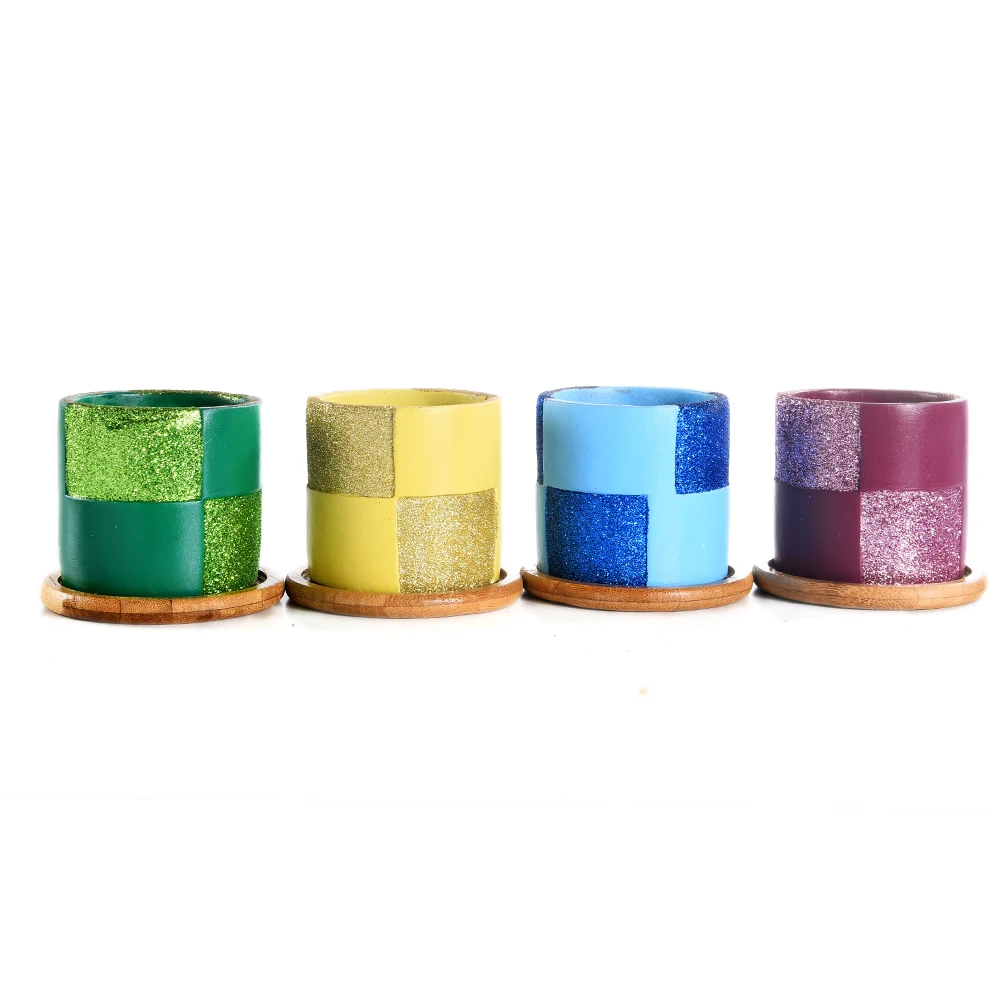 Glitter Surface Succulent Planters Cement Pots with Bamboo Tray Grey, for Home,Office Decor Perfect Gift Idea 3.14Inch 4 In set