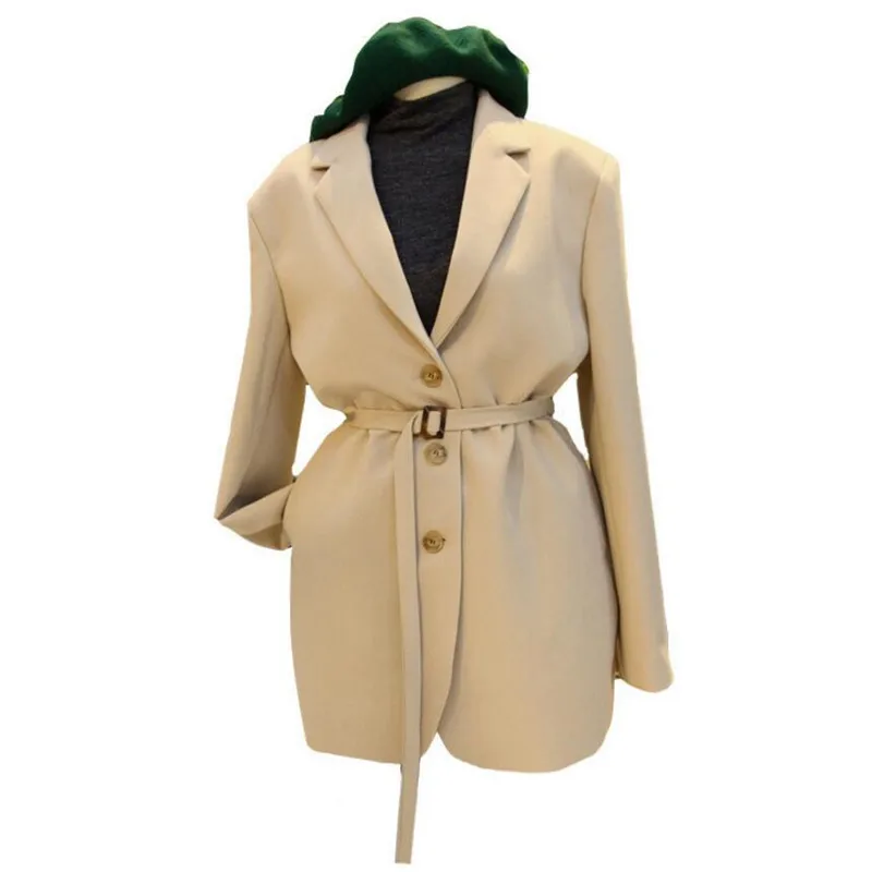 

2019 Autumn Chic Solid Color Single-breasted With Sashes Blazer Korea Women Long sleeve Mid Long Suit Office Lady Coat outwear