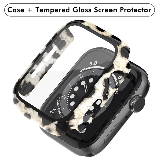 Glass+Cover For Apple Watch Case 45mm 41mm 44mm 40mm 42mm 38mm iWatch Accessorie Screen Protector Apple Watch Serie 3 4 5 6 SE 7 leopard Print