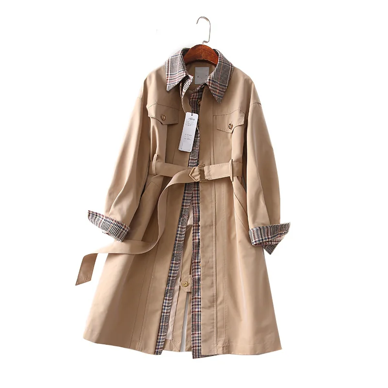

One's Belt Waist Hugging Mid-length Pattern Fold-down Collar Trench Coat Women's Entity