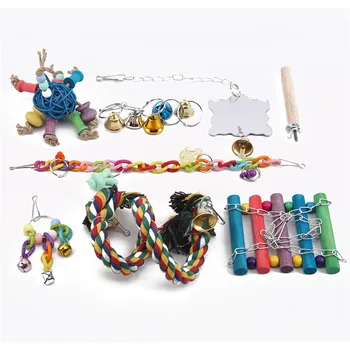 

Bird Swing Blocks Cotton Rope Hanging Bridge String with Bells Swing Colorful Parrot Toys Chew Wooden Bird Toys for Parrots 8PCS