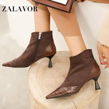 

RizaBina Office Ladies Ankle Boots Genuine Leather High Heel Winter Shoes For Women Sexy Pointed Toe Short Boots Size 33-40
