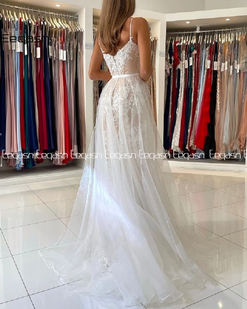 2021 Champagne Mermaid Prom Dresses Plus Size Lace V Neck Evening Gowns Attachable Overskirt Sexy Formal Gown robe de soiree plus size prom dresses