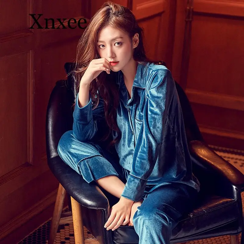 Oversized Sexy Couple Gift Girlfriend high quality 2020 new Autumn Winter Warm Pajama Set Women  Deep Gold Velvet Homewear