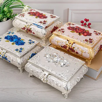 

Large jewelry box with lock metal craft rose bracelet earring jewelry storage box