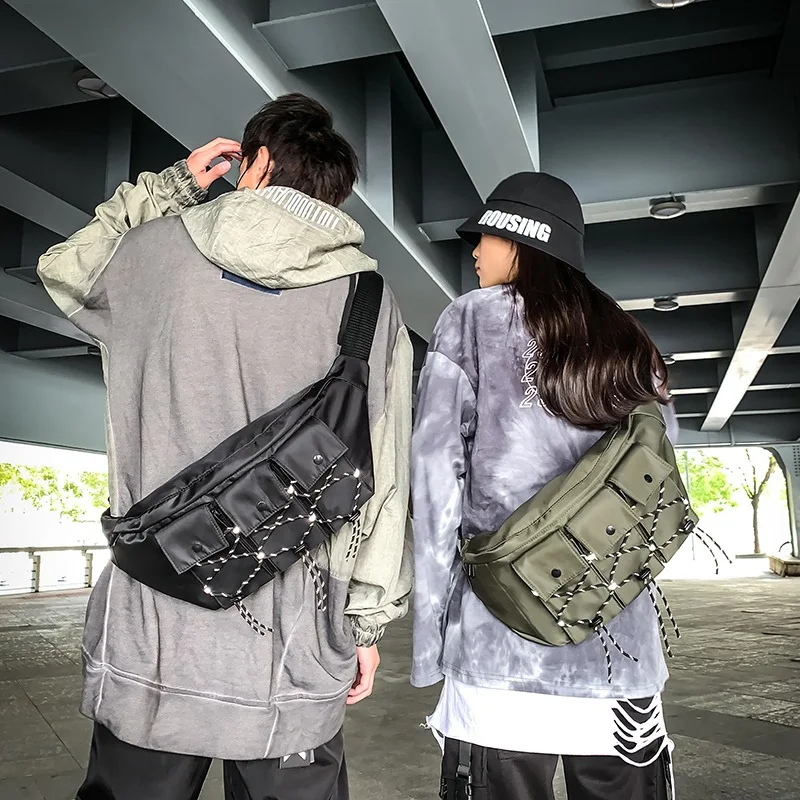 

2019 New Style Fashion Night Reflective Large-Volume Oblique Bag Wallet Fashion Lace-up Function Cool Bag