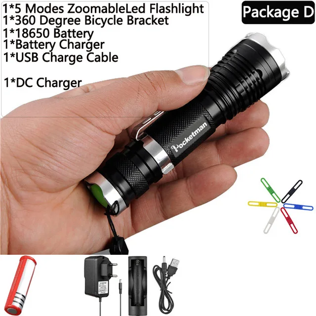 Package D Супер яркий водонепроницаемый самый мощный XML-T6 светодиодный фонарик Zoomable 5 режимов фонарь 18650 Зажим для ремня фонарь z90 для наружного использования FS - Испускаемый цвет: Package D