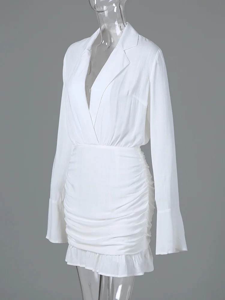 plunge ruched ruffles cuff mini dress