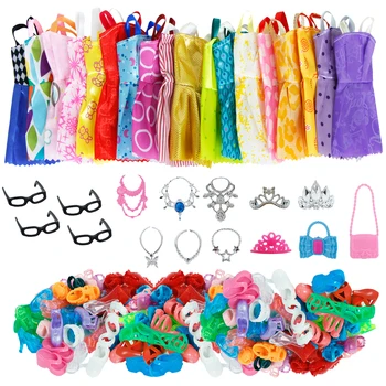 

35 Item/Set Doll Accessories = 10 Shoes + 6 Necklace 4 Glasses 3 Crowns 2 Handbags + 10 Pcs Doll Clothes Dress for Doll