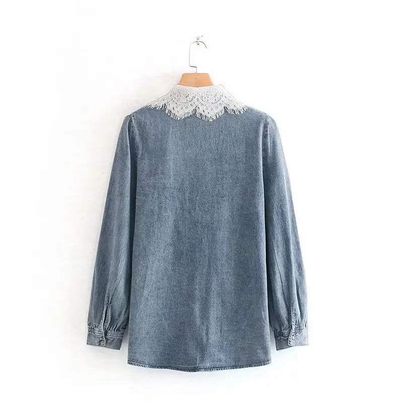 Английские высокие уличные кружевные сплайсинга оборки деним blusas mujer de moda кимоно блузка женские топы и блузки