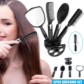 

5pcs/set Women Hair Brush Massage Comb Styling Salon Home Set Mirror and Stand Holder SK88