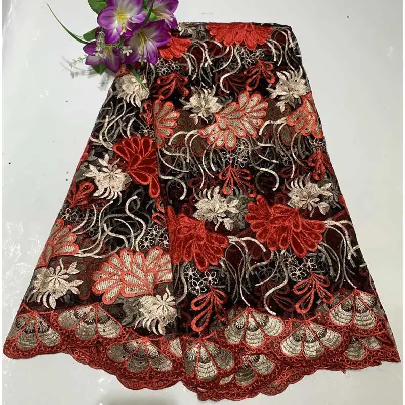 

High Quality 2019 Tulle Sequins Nigerian Lace Fabrics Plume Embroidered African Red Lace Fabric LFB2-53