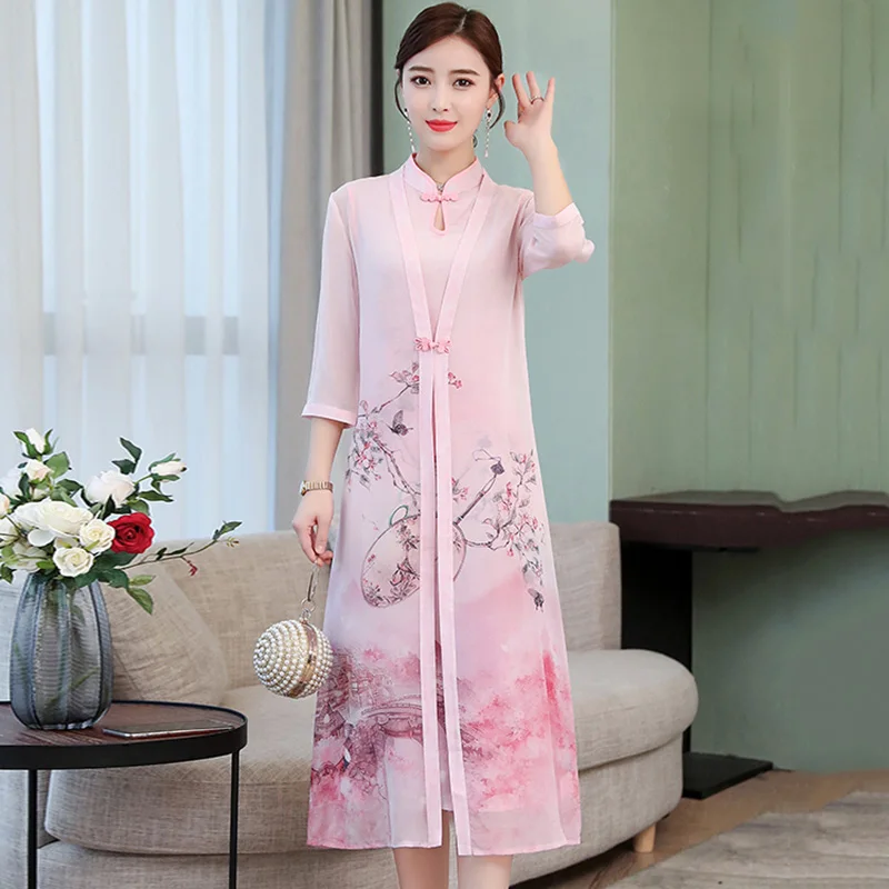 Китайское женское платье, короткий рукав, qipao, женское улучшенное свадебное платье, элегантное платье для подружки невесты, cheongsam, комплект из двух предметов aodai