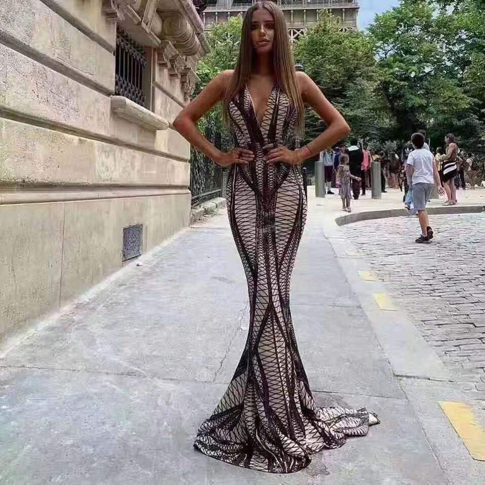 

2019 New Black Sequin Dress Sexy Summer Mesh V Neck Long Fashion Women Maxi Celebrity Party Backless patchwork Spaghetti Strap