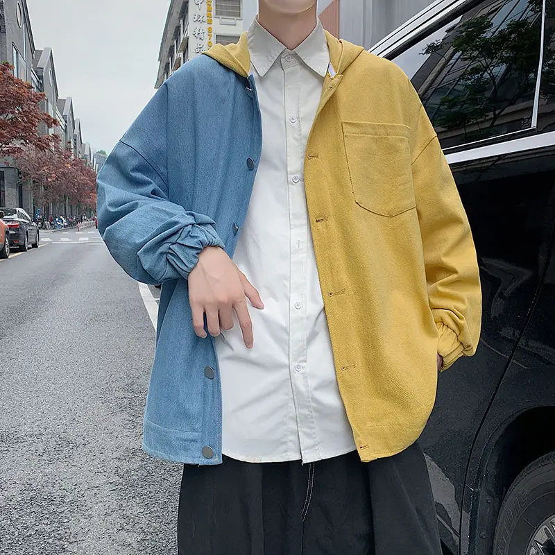 

Autumn Korean Denim Jacket Men's Fashion Contrast Color Casual Retro Denim Jacket Men Streetwear Loose Hip-hop Bomber Jacket Men