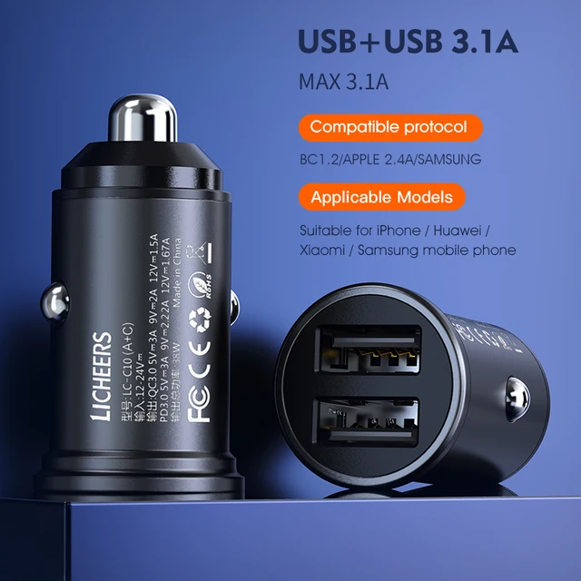 Licheers Car Charger USB 5A Phone Fast Charging 2 Port 12-24V Cigarette Socket Lighter for iPhone Xiaomi Huawei Power Adapter Dual USB Charger