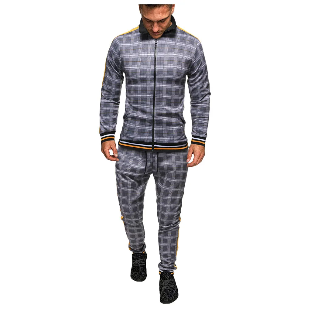 

Tracksuit men 2020 New Men Sets Fashion Sporting Suit Brand Plaid Zipper Sweatshirt +Sweatpants Mens Clothing 2 Pieces Sets