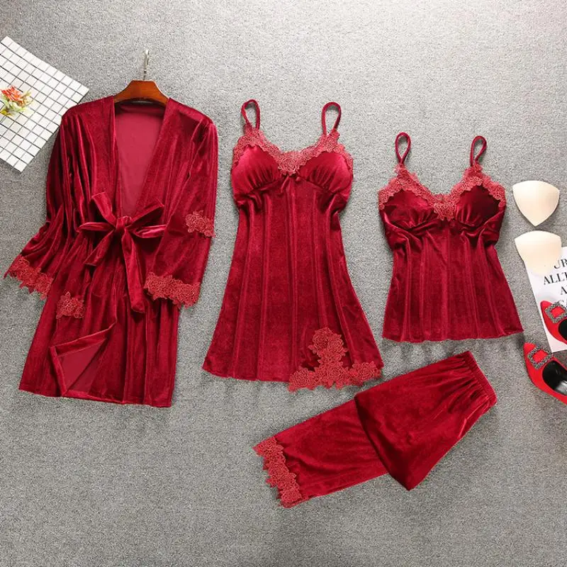 Зимние женские пижамные комплекты, сексуальное ночное белье, золотой ...