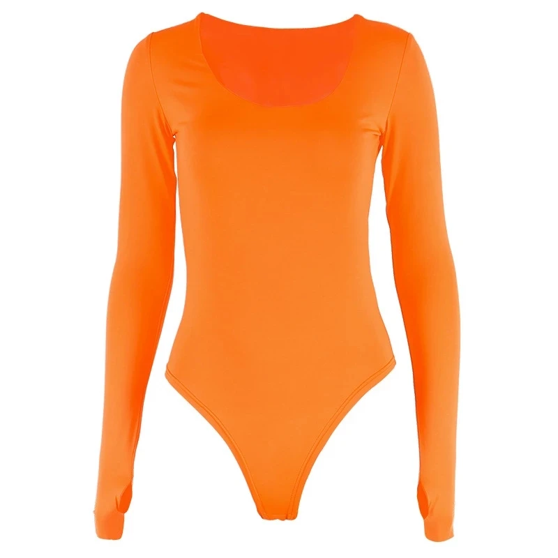 Vibrant Orange Neon Long Sleeve Bodysuit - Women's Bodycon Streetwear Club Outfit