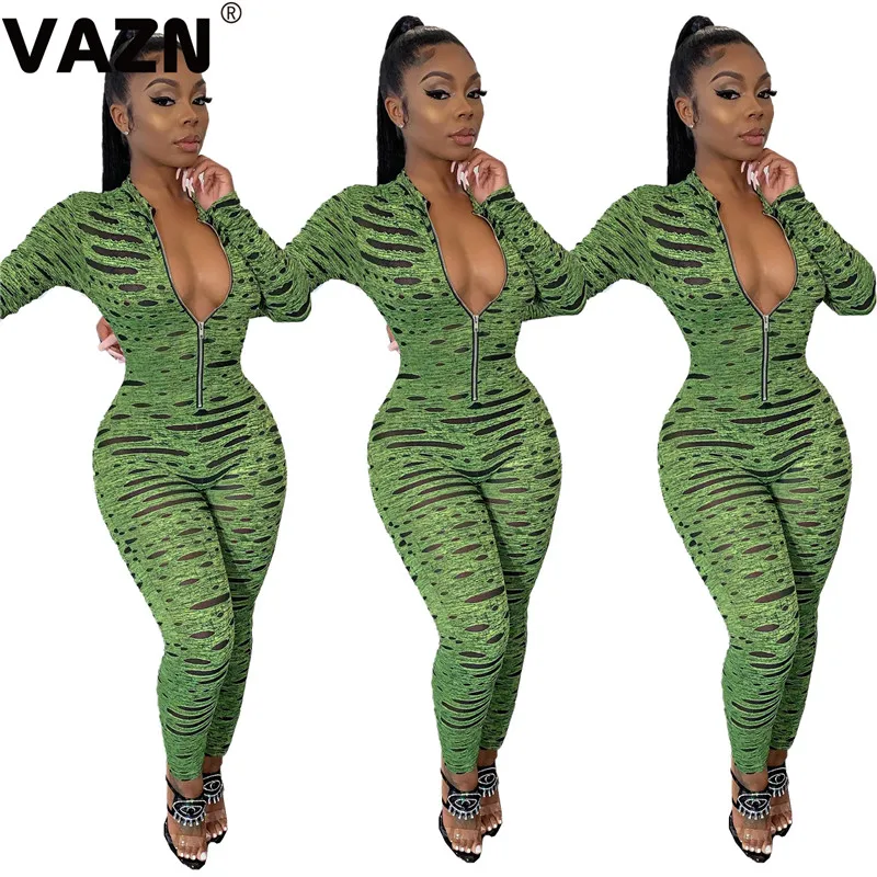 Зеленый VAZN SHH8073 Autumn 3 Color New Mature Age Sexy Club Fashion Zipper Full Sleeve Women Elastic Skinny Long Pencil Jumpsuits - Цвет: Зеленый