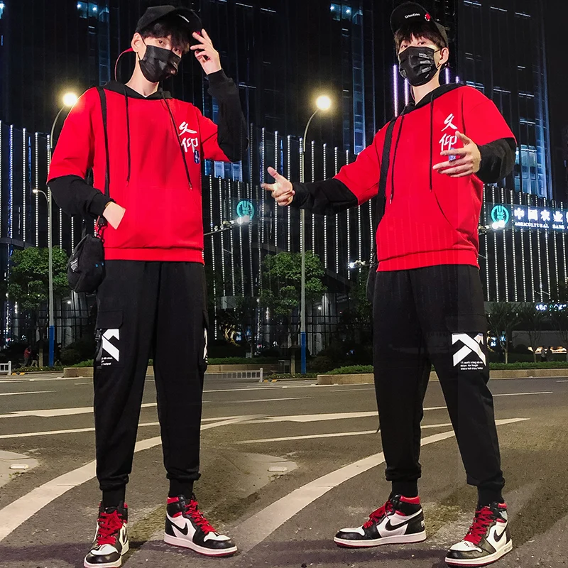 

Spring Autumn 2020 Men Sweat Suit Set Japanese Tracksuit Men Outfit Full Sleeve Tops with Hood Outdoor Sport Wear Men Sets