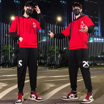 

Spring Autumn 2020 Men Sweat Suit Set Japanese Tracksuit Men Outfit Full Sleeve Tops with Hood Outdoor Sport Wear Men Sets