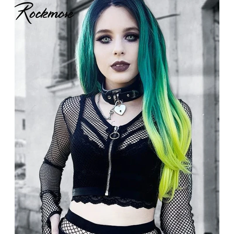 

Rockmore Fishnet Hollow Out Women T Shirt Femme Open Zipper Stitch Autumn Long Sleeve Mesh See Through Sexy T-Shirts Top Tee