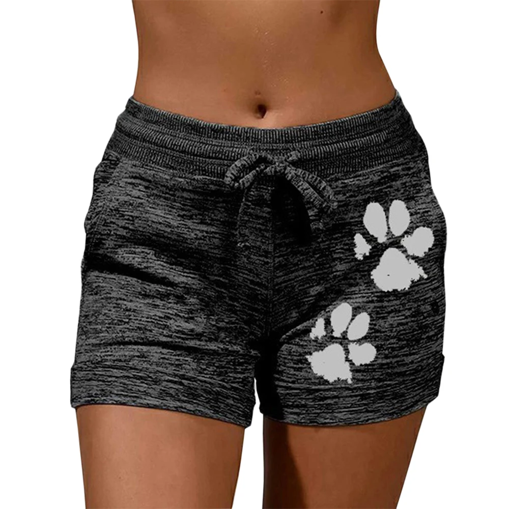 New Summer Fast Drying Drawstring Cat Paw Print Shorts Lace Up High Waist Elastic Cotton Short Women Beach Casual Sport Shorts