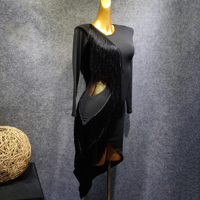 Латинское танцевальное платье дизайн конкурентов бахрома платье с длинными рукавами выполнение Румба Сальса платье осеннее платье женское VDB1077