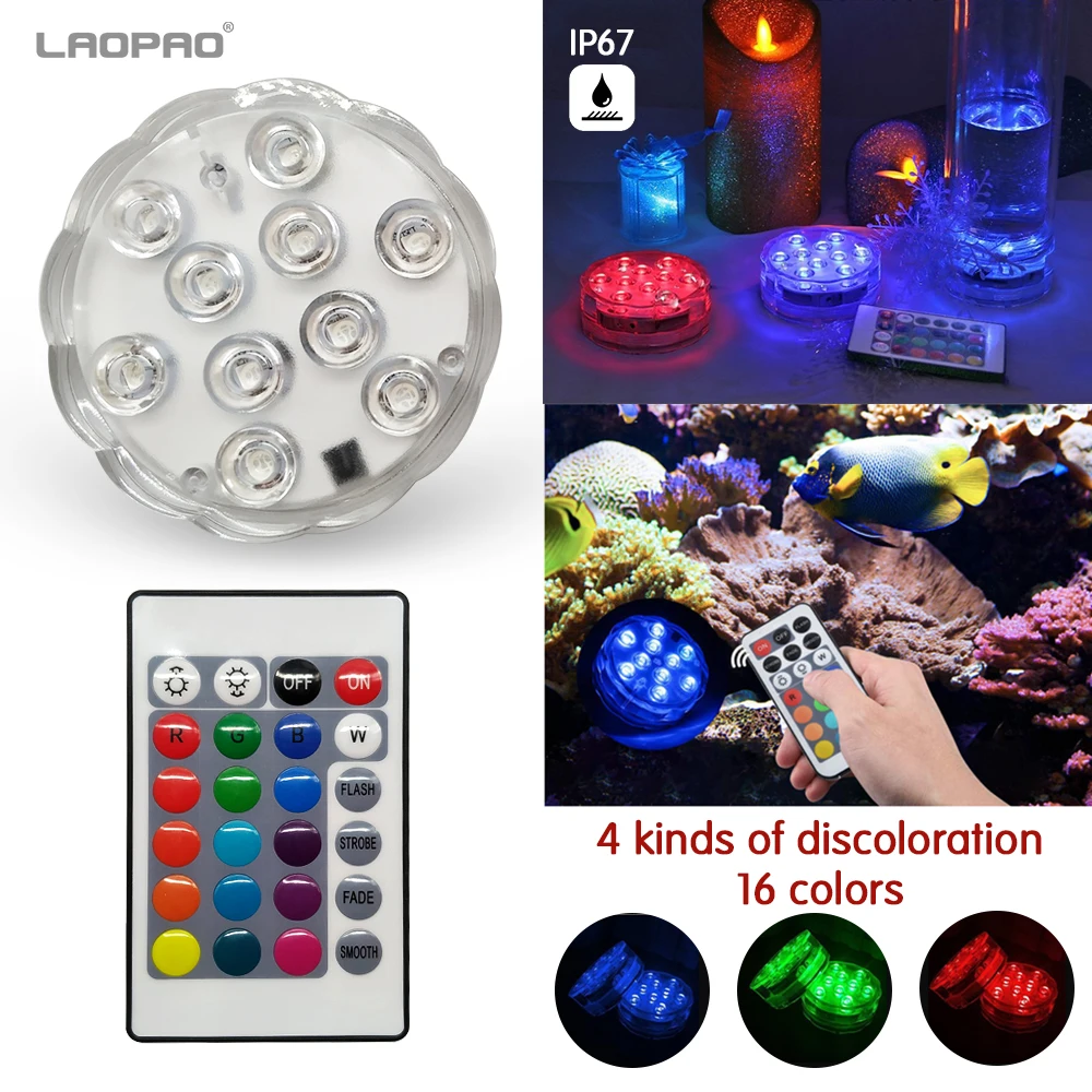 

10 Led Remote Controlled RGB Submersible Light Battery Operated Underwater Night Lamp Outdoor Vase Bowl Garden Party Decoration