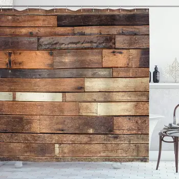 

Wooden Shower Curtain, Rustic Floor Planks Print Grungy Look Farm House Country Style Walnut Oak Grain Image, Cloth Fabric