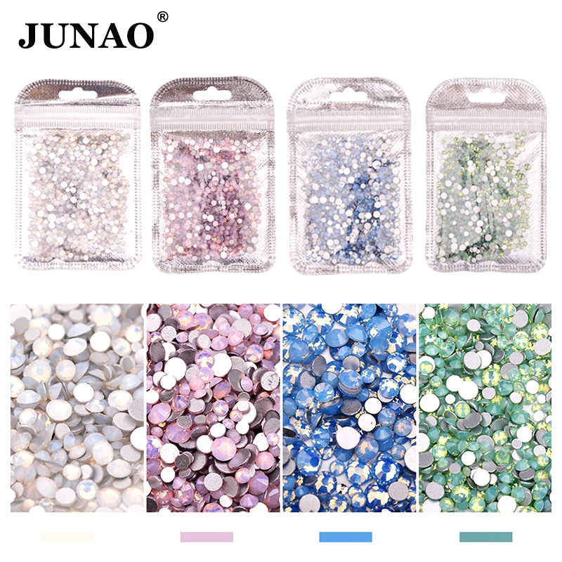 JUNAO, смешанные размеры(SS6-SS16), опал, розовое стекло, кристаллы, стразы, блестки, дизайн ногтей, украшение, плоский с оборота, хрустальный камень, круглые стразы