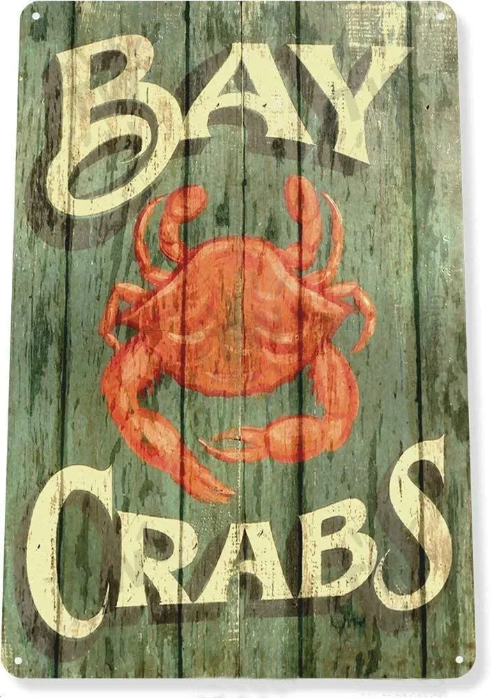

AIDANDAN Bay Crabs Seafood Kitchen Cottage Beach House Restaurant Rustic Old Design Tin Signs Vintage Metal Tin Signs for Wall